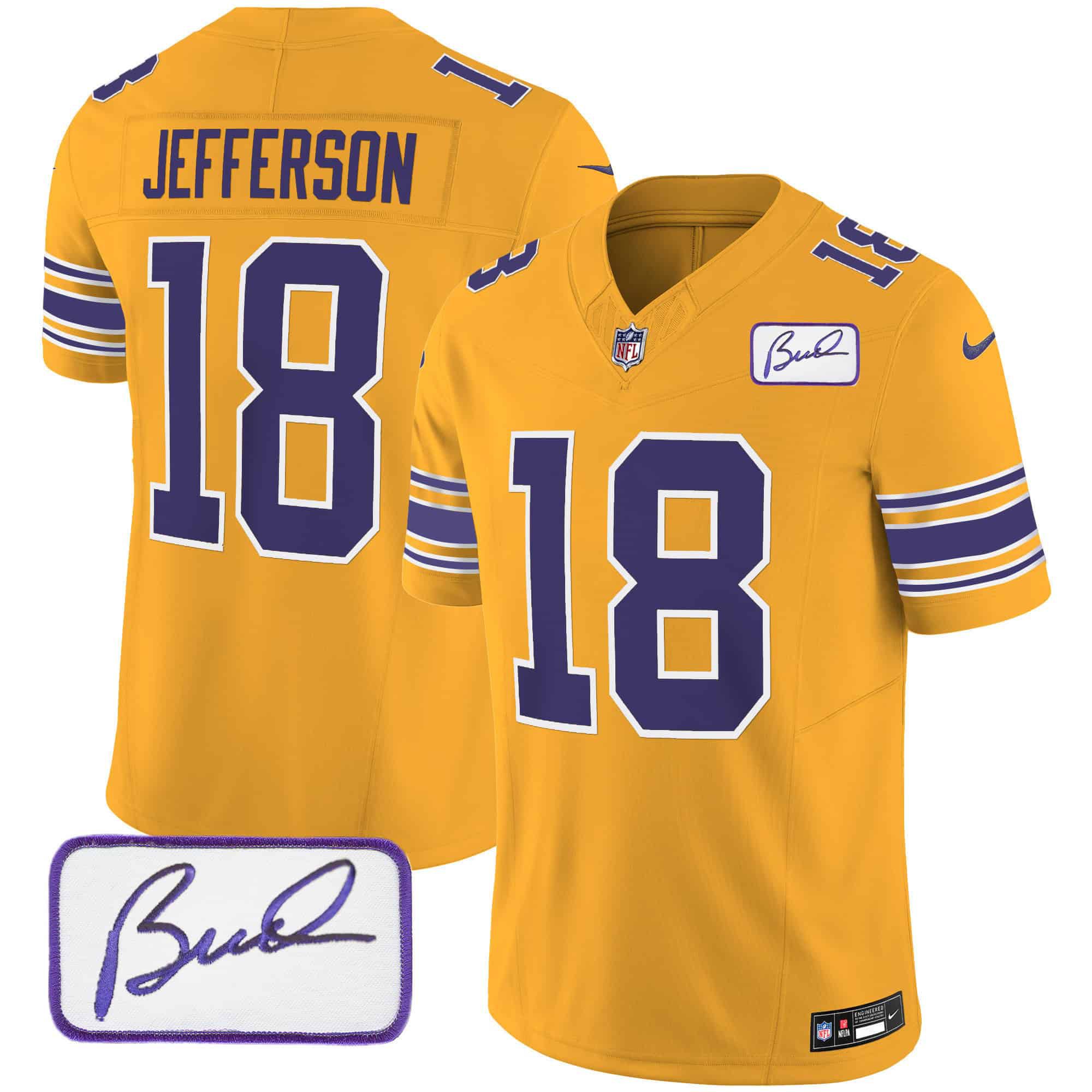 Men Minnesota Vikings #18 Jefferson Yellow 2024 Nike Bud Grant Patch Classic Limited NFL Jersey